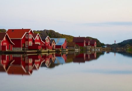 red colored village on the river - village, lighthouse, reflection, red, river