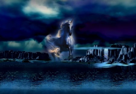 Midnight Blue 1920x1080 - Water, Unicorns, Lakes, Waterfalls, Unicorn, Fantasy, Blue