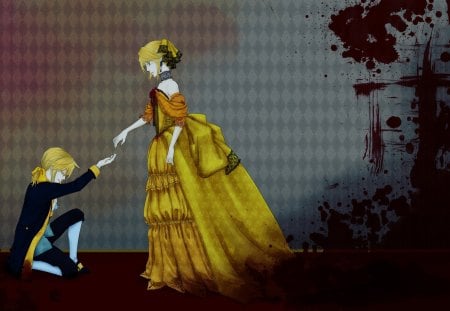 Rin & Len Kagamine - pale, rin and len kagamine, vocaloid, anime, dress, bloodstains