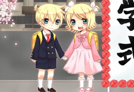 ~Little Rin & Len~ - flowers, vocaloid, rin and len kagamine, anime, cute, siblings, suit, pink dress