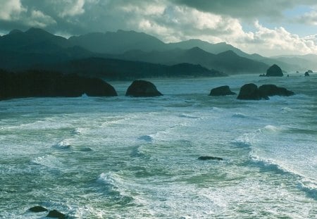 Green waters - clouds, mountains, rocks, landscapes, cliffs, coast