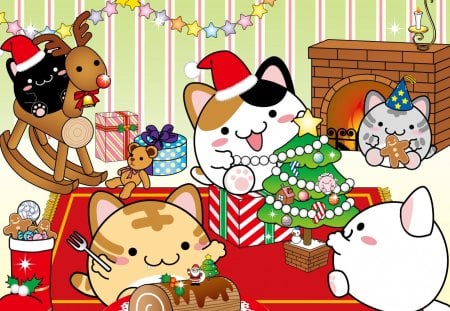 Maruneko Christmas - neko, cat, maruneko, chibi, fire, christmas, kawaii, nyan, rocking horse, yule log, cute