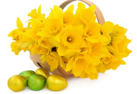 Flowers Basket - eggs, yellow, easter, green, flowers, chocolate, basket, narcissus