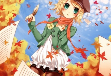 The Scattered Letter - paper, fall, wind, pen, vocaloid, leaves, anime, letter, autumn, rin kagamine