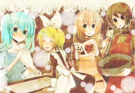 Baking With Friends - anime, vocaloid, chocolate, hatsune miku, girls, short hair, baking, bowl, rin kagamine, tray, megurine luka, friends, blue eyes