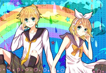 ~Over The Rainbow~ - sky, rainbow, rain, colorful, siblings, rin and len kagamine, vocaloid, clouds, anime, blonde