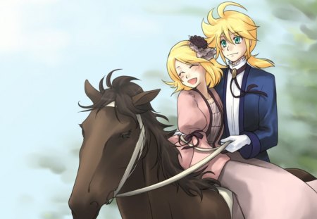 Horseback Riding - rin and len kagamine, horse, happy, vocaloid, anime, riding, laughing