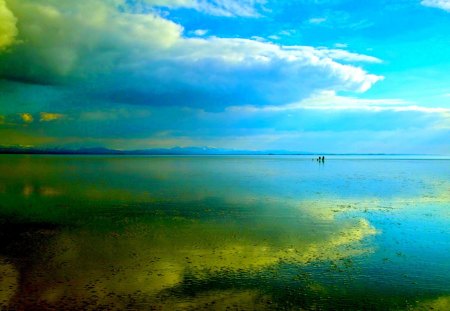 NATURE's MIRROR - clouds, shore, people, shallow, sea, lake, reflection