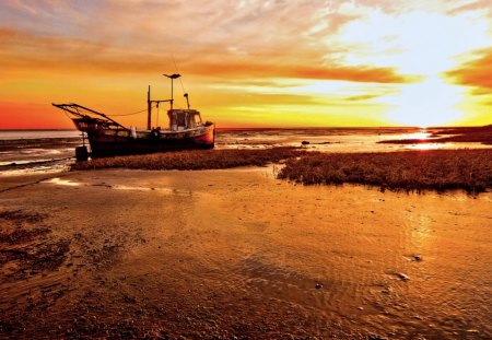 LOW TIDE at DUSK - river, ship, beach, sunset, sea