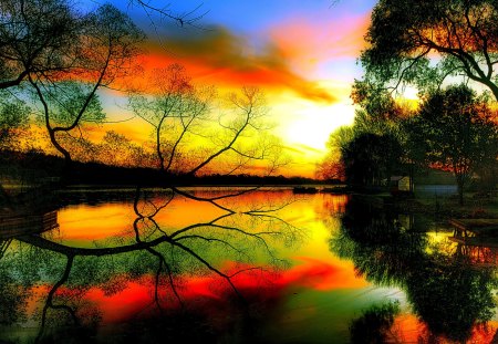 AUTUMN SUNSET - sky, autumn, clouds, sunset, pond