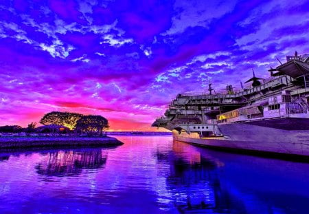 SUNSET SKY - ship, sky, sunset, river