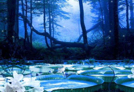 DREAMY NIGHT - flowers, pond, fireflies, night, forest, pads