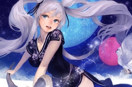 Mabinogi - female, hot, magic, wings, anime girl, fantasy, anime, feather, owl, cute, silver hair, moon, sexy, girl, twintails, magical, long hair, bird, wing, white hair