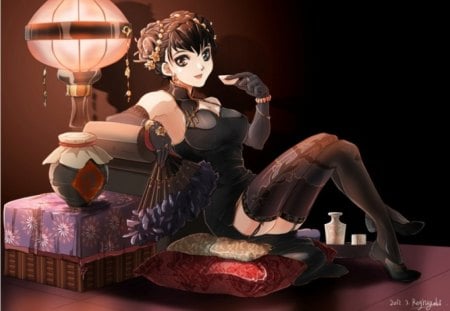 Sake Lady - pretty, anime, elegant, female, food, dress, long hair, dark, oriental, gorgeous, pillow, nice, anime girl, bottle, beautiful, hot, sake, girl, chinese, fan, beauty, lovely, sweet, lantern, maidn, drink, black, lady, cute, sexy, cheongsam