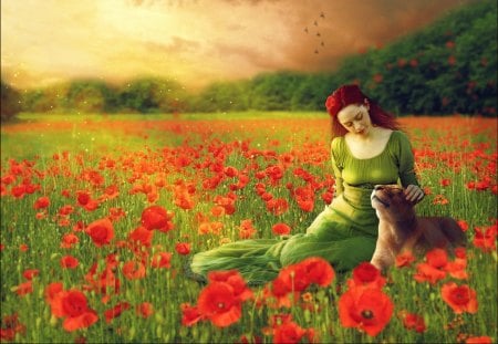 âœ°Lioness in the Poppy Fieldsâœ° - girls, models, animals, hair, eyes, colorful, face, cool, digital art, grass, birds, lady, blooms, beautiful, leaves, sweet, dress, photomanipulation, women, sky, redhead, lion, trees, lips, female, wonderful, fantasy, pretty, clouds, orange, green, spectacular, cute, butterflies, magnificent, fields, love, lovely, plants, red, splendor, blossom, flowers, colors, poppies