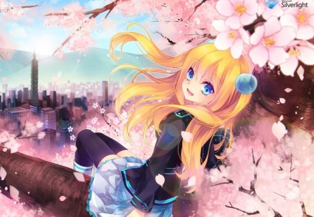 Cherry Blossom - pretty, female, scenery, blossom, scene, pink, blond, nice, blue eyes, cherry blossom, hot, city, beauty, sakura blossom, flower, petals, cute, floral, sexy, building, anime, town, dress, blonde, blond hair, long hair, view, anime girl, sakura, skirt, beautiful, tower, girl, scenic, blonde hair, lovely, sweet, top