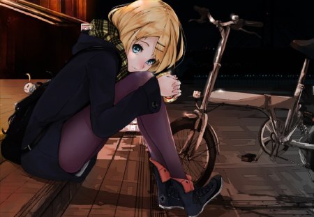 Nervous - girl, bike, anime, bag