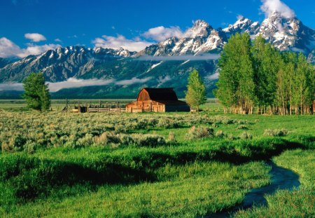 Grand Teton National Park - nice, cottage, sky, trees, national park, greenery, pretty, river, green, snowy, grass, grand teton, mountain, hills, wooden, peaks, lovely, slopes, nature, beautiful, couse, cabin, barn