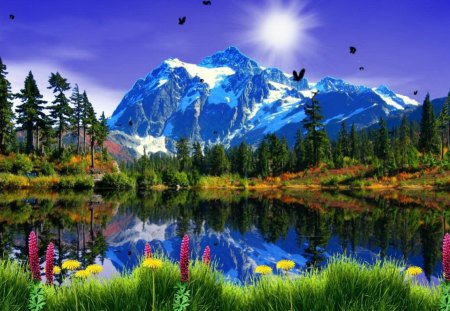 Reflections of snowy mountain - nice, sky, slope, trees, paradise, sun, water, colroful, reflections, pretty, clouds, snowy, rays, lake, hills, mountain, shore, peaks, lovely, glow, nature, beautiful, delight, flowers