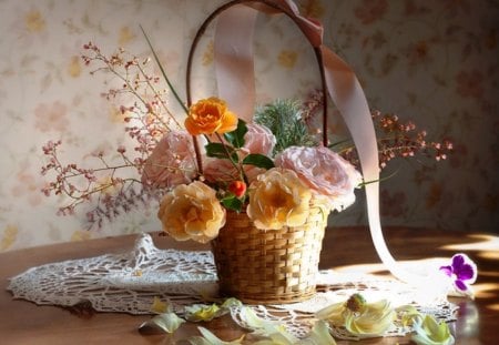 Basket with roses - beauty, roses, meals, photography, delicate, basket, still life, photographer, art, petals, table, lace, scent, gifts, artist, soft, abstract, flowers, colors, natural