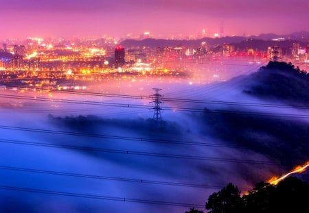 FOG COVERED CITY - fog, lights, mist, city, night