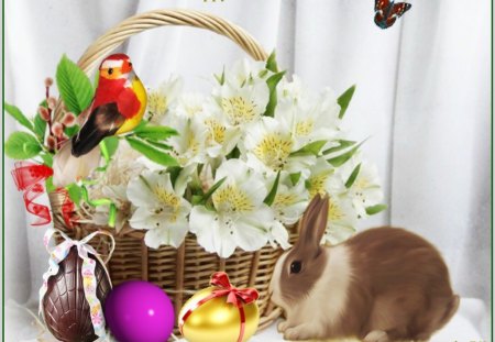 Happy Easter - eggs, basket, flowers, bunny