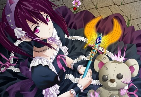 Annie - game, lol, girl, magic, anime, goth, teddy bear