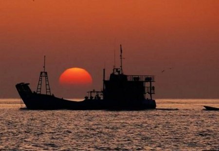 Sunset - ship, amazing, sunset, sea