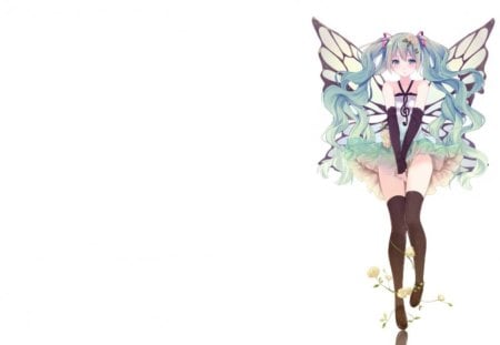 Fairy Miku - female, hot, wings, simple, anime girl, white, anime, miku, cute, hatsune miku, sexy, girl, twintails, long hair, hatsune, vocaloids, butterfly, vocaloid, wing, plain, fairy, green hair, dress