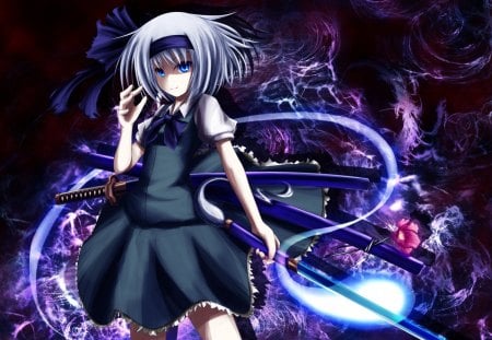 Konpaku Youmu - sword, black, cute, konpaku youmu, white hair, hot, abstract, anime girl, girl, blade, weapon, touhou, spirit, short hair, silver hair, dark, anime, dress, sexy, female, blue eyes