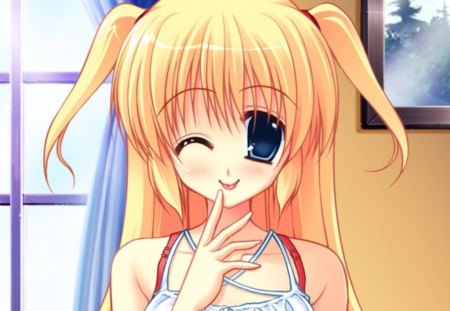 Wink - nice, female, blond, anime girl, blond hair, pretty, blonde hair, anime, wink, cute, girl, long hair, lovely, kawaii, sweet, blonde, happy