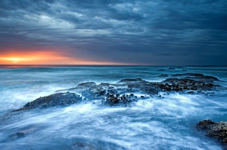 Sea Sunset - nature, ocean, clouds, sunset, rocks