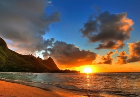 Coast at Suset - ocean, person, clouds, blue sky, sunset, coast