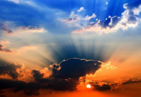 Bright sunset - blue sky, sunset, sun rays, clouds