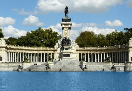 Madrid, Spain Retiro Park - lion statues, trees, monument, columns, pond