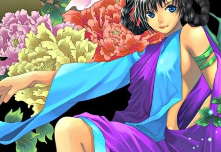 Anime girl - anime, yellow, blue, girl, flower, pink, orange, peonies, black, purple, red, green