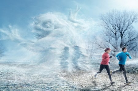 Jogging in the park - male jogger, trees, ghost, snow, female jogger, photshop