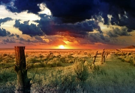 Beautiful sunset on the horizon - country side, barbwire fence, clouds, posts, grass