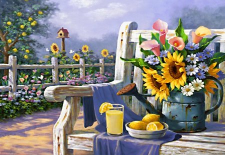 Countryside beauty - nice, beauty, sky, freshness, sunflowers, terrace, countryside, bench, bouquet, juice, painting, view, art, pretty, daisies, rustic, relax, drink, fence, fruits, lovely, vase, bushes, nature, beautiful, rest, flowers