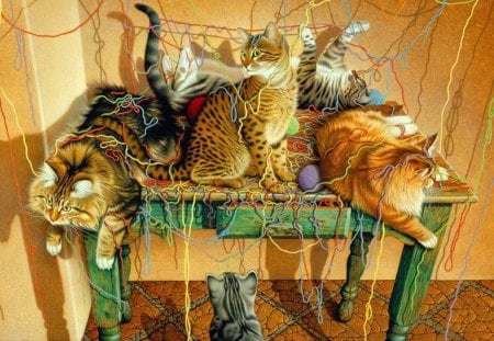 Table manners - nice, fun, fluffy, kittens, animals, colroful, painting, kitties, art, manners, pretty, game, mood, table, cute, adorable, funny, playing, lovely, play, cats, beautiful, sweet, friends