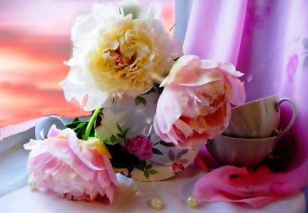 Peonies - cups, vase, delicate, spring, peonies, natural, flowers, nature, soft, colored, wallpapers