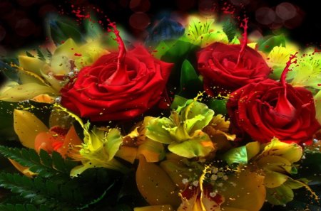 Bouquet of Flowers - photoshop, roses, leafs, color splash