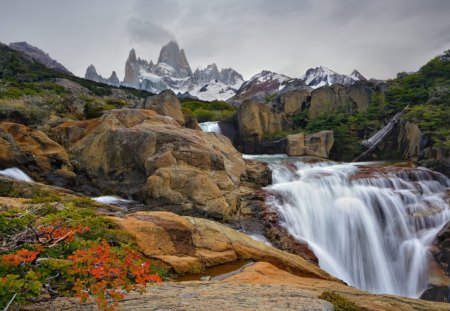 Patagonia waterfalls - snowy peaks, mountains, forest, landscapes