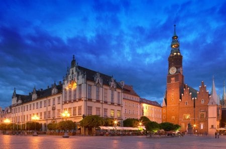 City - church, blue, plaza, buildings, cloudcover, lights