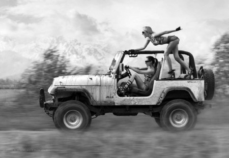 outdoor - fun, girls, ladys, photography, wp, jeep, bw, black, white, car, outdoor