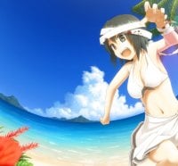 bandage beach bikini black_hair blood clouds flowers sakais3211 swimsuit