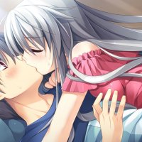 bed blush cube game_cg gray_hair kanekiyo_miwa kiss kurano-kunchi_no_futago_jijou kurano_kazuya kurano_tomoka long_hair red_eyes