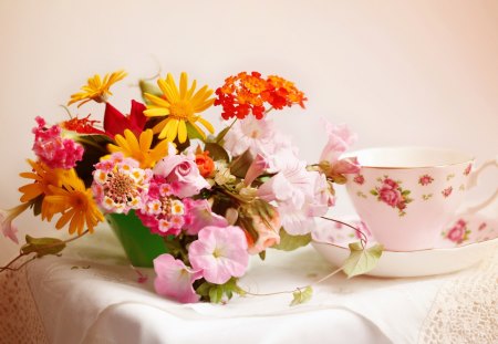 Still Life Flower Arrangement - bouquet, still life, cup, vase, still, abstract, yellow, life, pink, orange, flowers, napkins