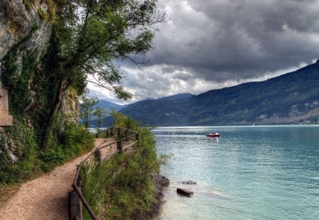 Nice View - cliff, rock, path, water, landscape, boat, lake, sky, clouds, trees, nature, mountain