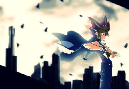 Yami Yugi - male, sky, card game, city, yami yugi